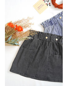 Fine Frill Trim Elastic Waist Patch Pockets Jeans Skirt ( Light Denim)